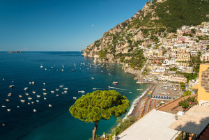 Positano - A general view with the Galli Islands in the distance.